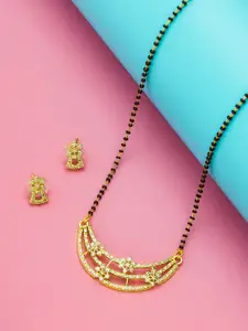aadita Gold-Plated White & Black AD-Studded & Beaded Mangalsutra With Earrings
