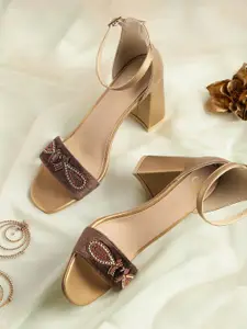 House of Pataudi Brown & Copper-Toned Embellished Block Sandals