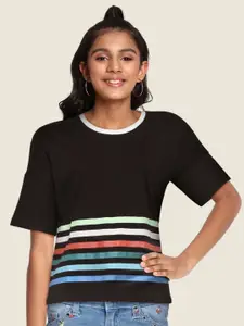 UTH by Roadster Girls Black & Blue Cotton Striped Drop-Shoulder Sleeves Crop T-shirt