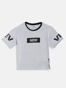 UTH by Roadster Girls Grey Melange & Black Printed Extended Sleeves T-shirt