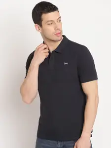 Lee Men Navy Blue Polo Collar Pockets Slim Fit T-shirt
