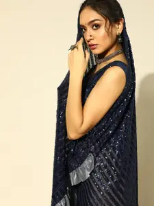 Chhabra 555 Blue & Grey Striped Sequinned Saree