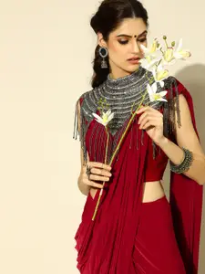 Chhabra 555 Red & Maroon Ready-to-Wear Saree With Tasseld Necklace