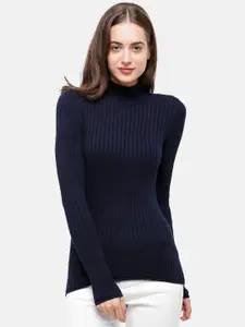 98 Degree North Women Navy Blue Striped Self Design Pure Cotton Pullover