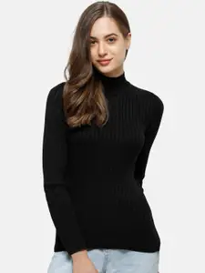 98 Degree North Women Black Self Design Turtle Neck Sweater