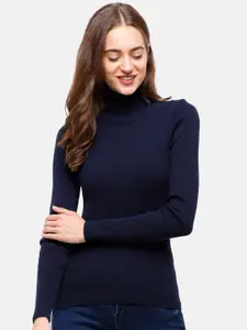 98 Degree North Women Navy Blue Turtle Neck Ribbed Pullover