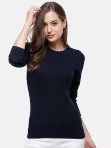 98 Degree North Women Navy Blue Striped Pullover