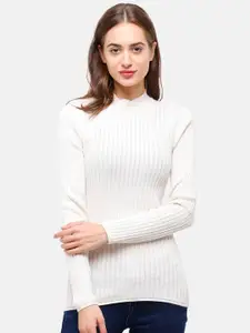 98 Degree North Women Off White Ribbed Pure Cotton Long Sleeves Pullover