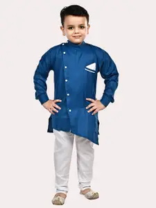 Superminis Boys Navy Blue Angrakha Pure Cotton Kurta with Pyjamas
