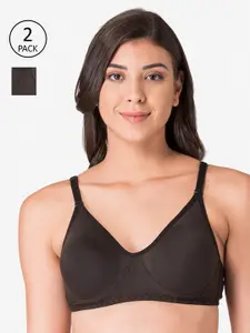 KOMLI Pack Of 2 Black Solid All Day Comfort T-Shirt Bras - Non Padded Non-Wired