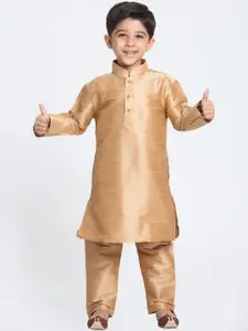 VASTRAMAY Boys Gold-Toned Solid Silk Blend Regular Kurta With Pyjamas