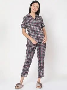 Smarty Pants Women Grey & Red Checked Night Suit
