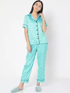 Smarty Pants Women Sea Green Floral Printed Night Suit