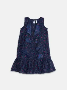 Pantaloons Junior Navy Blue Printed Georgette Drop-Waist Dress
