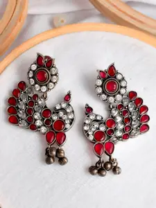Infuzze Red Sliver-Plated Peacock Shaped Drop Earrings