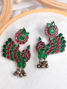 Infuzze Sliver-Plated Silver-Toned & Red Peacock Shaped Drop Earrings
