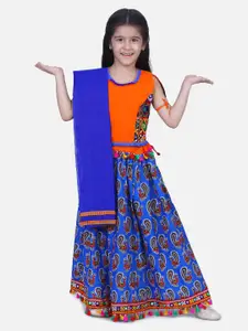BownBee Girls Blue & Green Embellished Ready to Wear Lehenga & Blouse With Dupatta