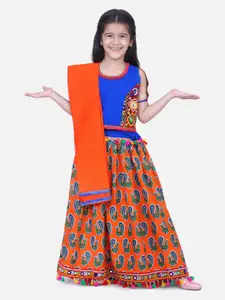BownBee Girls Orange & Blue Peacock Printed Lehenga Choli & Dupatta
