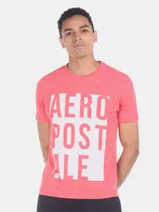 Aeropostale Men Coral Pink & White Typography Printed T-shirt
