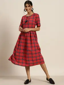 Sangria Women Red & Navy Blue Checked Midi Fit & Flare Dress