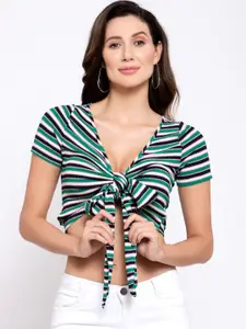 iki chic Green & Black Striped Fitted Crop Top
