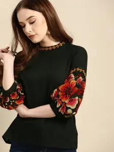 all about you Women Black Floral Print Mandarin Collar Bishop Sleeves Top