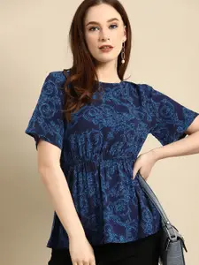 all about you Blue Ethnic Motifs Printed Cinched Waist Top