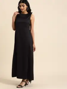 all about you Jet Black Solid Round Neck Polyester Casual Maxi Dress