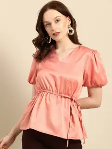 all about you Peach Pink Solid V-Neck Puff Sleeves Waist Tie-Ups Pleated Wrap Top