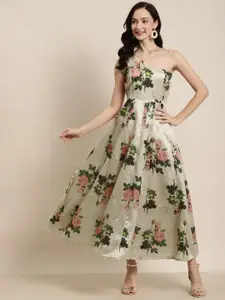 Shae by SASSAFRAS Beige & Peach-Coloured Floral One Shoulder Layered Maxi Dress