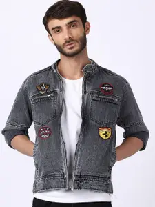 VOXATI Men Grey Denim Jacket with Patchwork