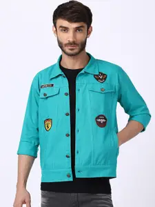 VOXATI Men Turquoise Blue Denim Jacket with Patchwork