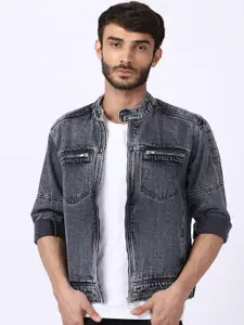 VOXATI Men Grey Washed Denim Jacket