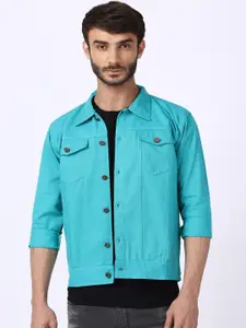 VOXATI Men Turquoise Blue Denim Jacket