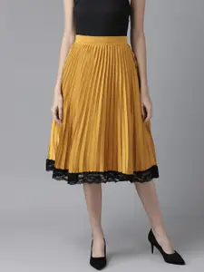 KASSUALLY Women Mustard Yellow Satin Lace Insert Accordion Pleated Skirt