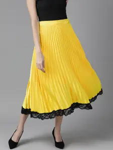KASSUALLY Women Yellow Satin Lace Insert Accordion Pleated Skirt