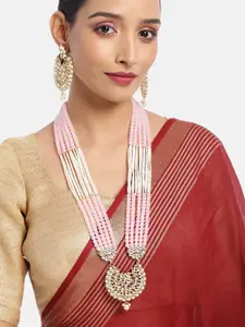 I Jewels Women Pink & White Gold-Plated Pearl Studded & Beaded Necklace Jewellery Set