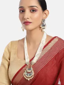 I Jewels Women Blue & White Gold-Plated Pearl Studded & Enamel Necklace Jewellery Set