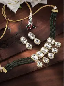 I Jewels Women Green Gold-Plated Pearl Studded & Kundan Choker Necklace Jewellery Set