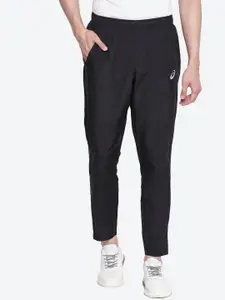 ASICS Men Black Silver Woven Tapered-Fit Running Track Pants