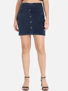 The Dry State Women Navy Blue Solid A-Line Denim Skirt