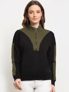 Club York Women Black and Olive Green Colourblocked Sweatshirt