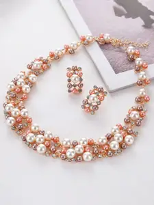 Peora Rose Gold Toned & Pearls Cubic Zirconia Studded Choker Necklace & Earring Set