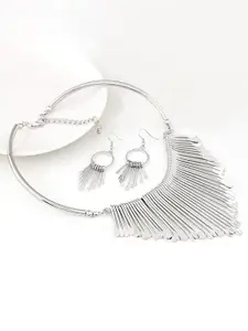Peora Silver Boho Tribal Style Oxidized Tassel Choker Necklace with Earrings