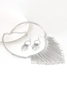 Peora Silver Boho Tribal Style Oxidized Tassel Choker Necklace with Earrings