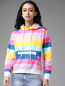 The Dry State Women Multicoloured Striped Cotton Hooded Sweatshirt