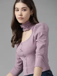 Roadster Lavender Ribbed Top with Puff Sleeves