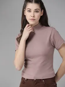 Roadster Women Mauve Solid High Neck Ribbed Top