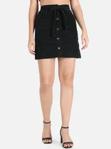 The Dry State Women Black Solid A-Line Denim Skirt