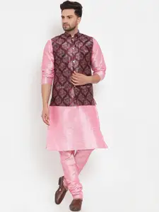 KRAFT INDIA Men Pink & Maroon Printed Kurta With Churidar & Nehru Jacket